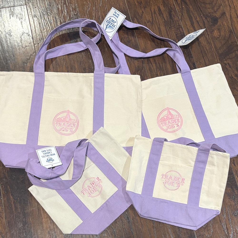2026 Trader Joe's Lavender Tote Bags Bundle 2 LARGE and 2 MINI (set of 4)